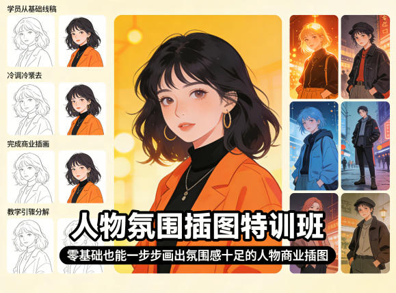 人物氛围插图特训班，零基础也能一步步画出氛围感十足的人物商业插图