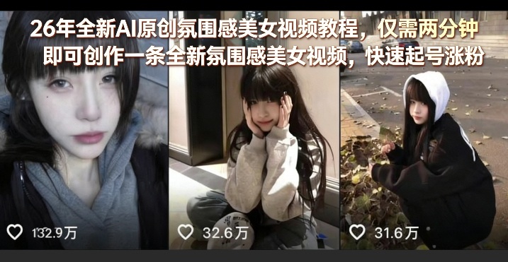 26年全新AI原创氛围感美女视频教程,仅需两分钟即可创作一条全新氛围感美女视频,快速起号涨粉 26年全新AI原创氛围感美女视频教程,仅需两分钟即可创作一条全新氛围感美女视频,快速起号涨粉