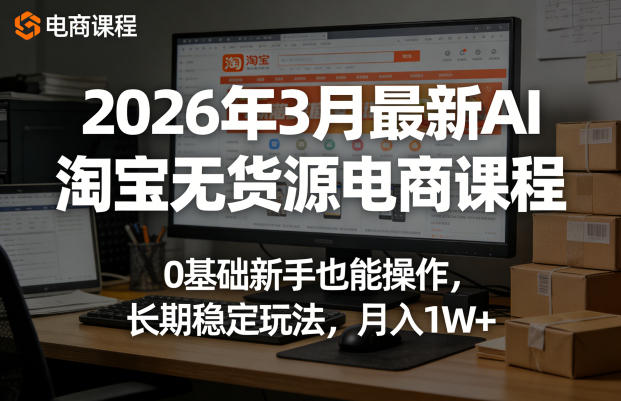 2026年3月最新AI淘宝无货源电商课程，0基础新手也能操作，长期稳定玩法，月入1W+（更新0419）