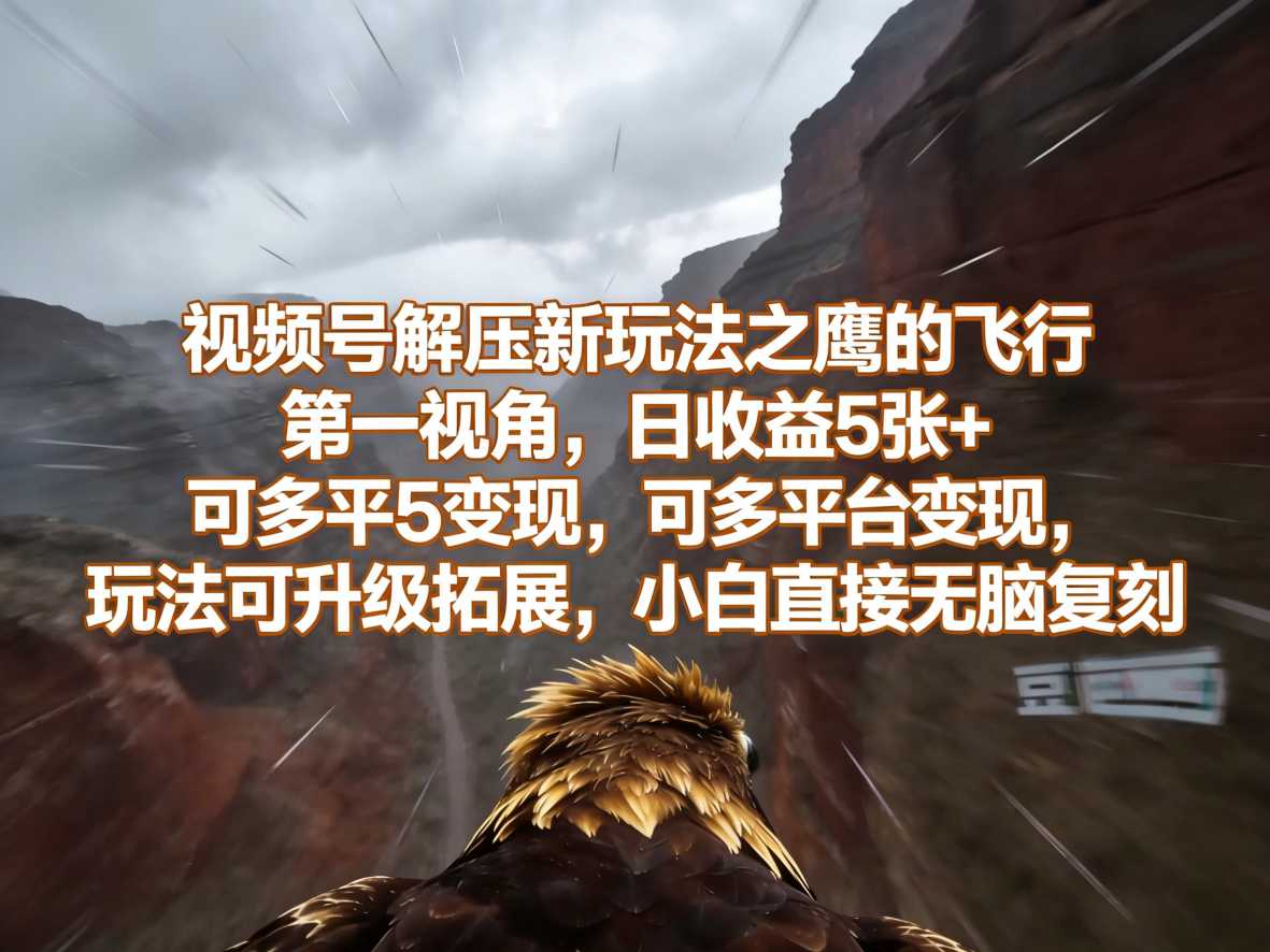 视频号解压新玩法之鹰的飞行第一视角,日收益5张+,可多平台变现,玩法可升级拓展,小白直接无脑复刻 视频号解压新玩法之鹰的飞行第一视角,日收益5张+,可多平台变现,玩法可升级拓展,小白直接无脑复刻