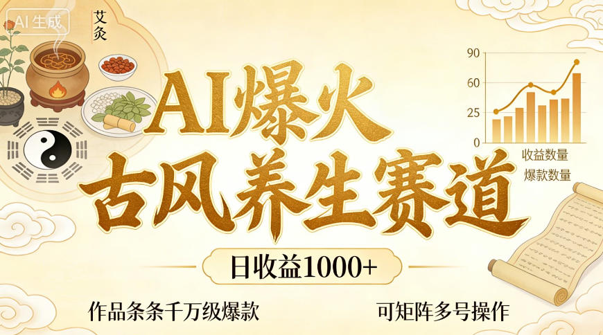 AI爆火古风养生赛道，日收益1k+单条作品点赞破万+，可矩阵多号操作【揭秘】