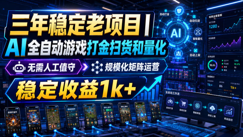 三年稳定老项目｜AI全自动游戏打金扫货和量化，无需人工值守，规模化矩阵运营，稳定收益1k+【揭秘】