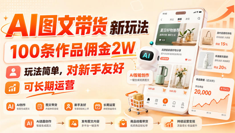 AI图文带货新玩法，100条作品佣金2W，玩法简单，对新手友好，可长期运营